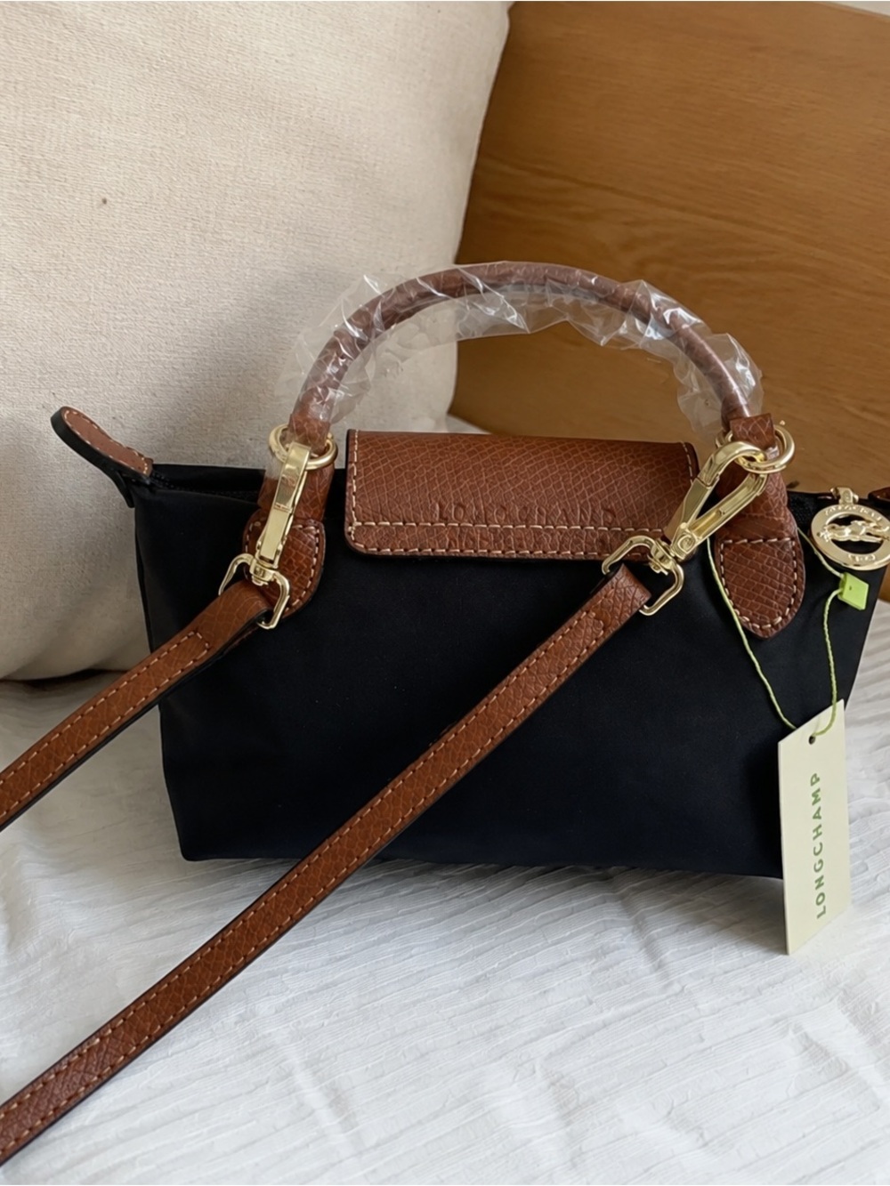 Longchamp Mini Tote in Black with Brown Leather Trim and Gold Hardware - Picture 4 of 4